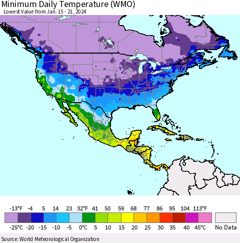 North America Minimum Daily Temperature (WMO) Thematic Map For 1/15/2024 - 1/21/2024