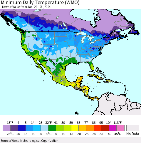 North America Minimum Daily Temperature (WMO) Thematic Map For 1/22/2024 - 1/28/2024