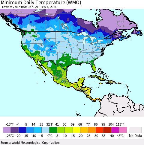 North America Minimum Daily Temperature (WMO) Thematic Map For 1/29/2024 - 2/4/2024