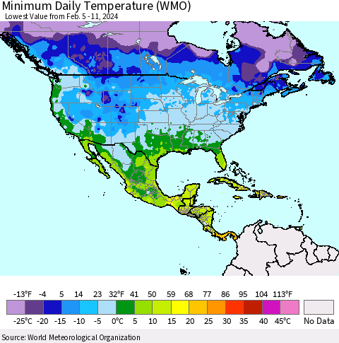 North America Minimum Daily Temperature (WMO) Thematic Map For 2/5/2024 - 2/11/2024