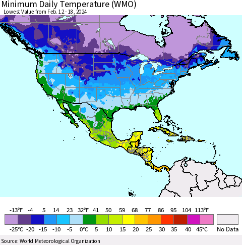 North America Minimum Daily Temperature (WMO) Thematic Map For 2/12/2024 - 2/18/2024