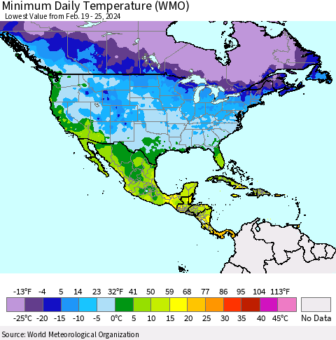 North America Minimum Daily Temperature (WMO) Thematic Map For 2/19/2024 - 2/25/2024