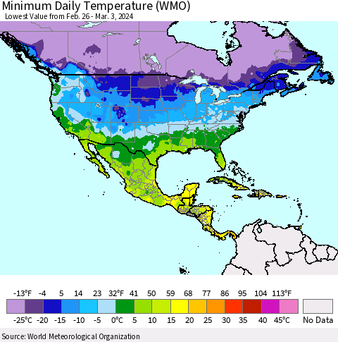 North America Minimum Daily Temperature (WMO) Thematic Map For 2/26/2024 - 3/3/2024