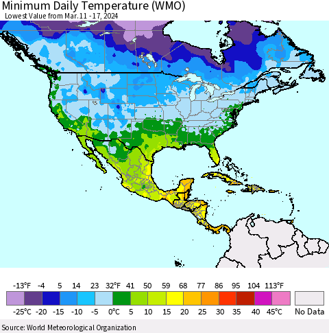 North America Minimum Daily Temperature (WMO) Thematic Map For 3/11/2024 - 3/17/2024