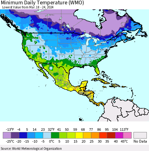 North America Minimum Daily Temperature (WMO) Thematic Map For 3/18/2024 - 3/24/2024