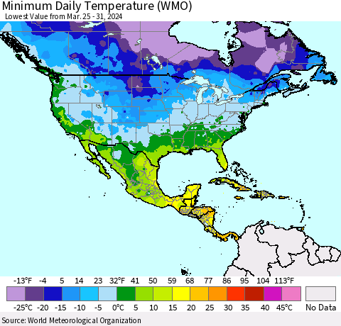 North America Minimum Daily Temperature (WMO) Thematic Map For 3/25/2024 - 3/31/2024