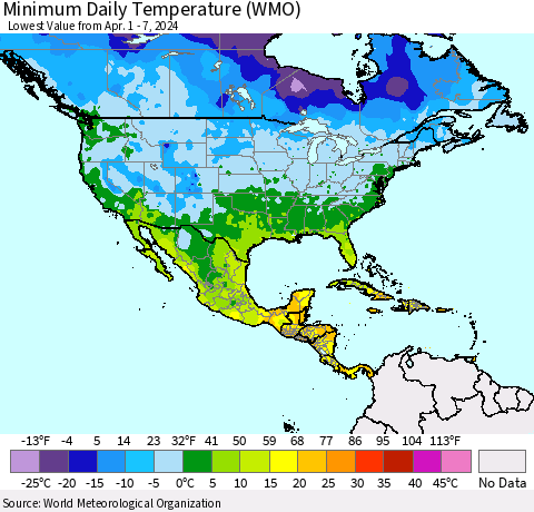North America Minimum Daily Temperature (WMO) Thematic Map For 4/1/2024 - 4/7/2024