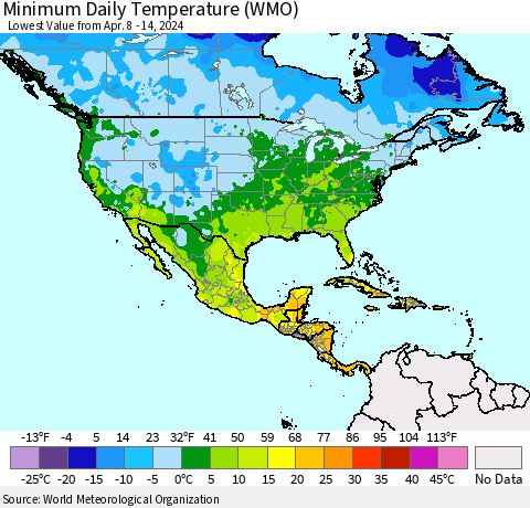 North America Minimum Daily Temperature (WMO) Thematic Map For 4/8/2024 - 4/14/2024