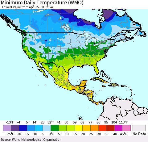 North America Minimum Daily Temperature (WMO) Thematic Map For 4/15/2024 - 4/21/2024