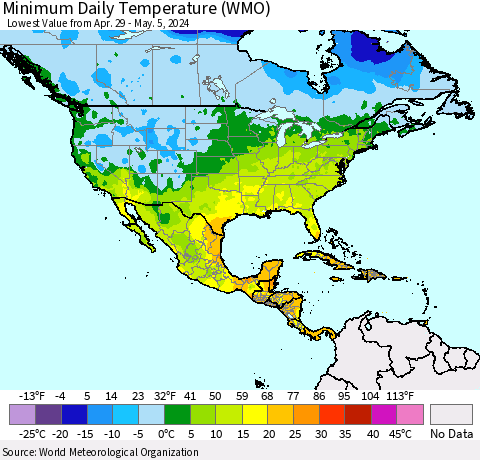 North America Minimum Daily Temperature (WMO) Thematic Map For 4/29/2024 - 5/5/2024