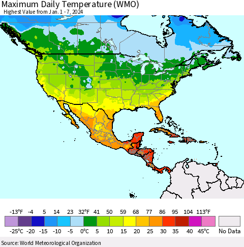North America Maximum Daily Temperature (WMO) Thematic Map For 1/1/2024 - 1/7/2024