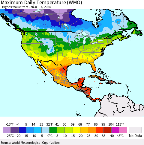 North America Maximum Daily Temperature (WMO) Thematic Map For 1/8/2024 - 1/14/2024