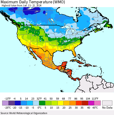 North America Maximum Daily Temperature (WMO) Thematic Map For 1/15/2024 - 1/21/2024