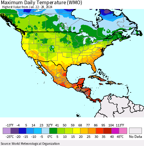 North America Maximum Daily Temperature (WMO) Thematic Map For 1/22/2024 - 1/28/2024