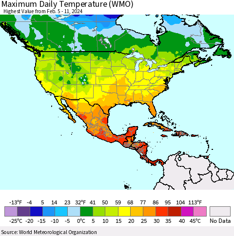 North America Maximum Daily Temperature (WMO) Thematic Map For 2/5/2024 - 2/11/2024