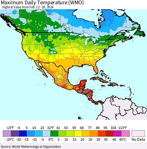 North America Maximum Daily Temperature (WMO) Thematic Map For 2/12/2024 - 2/18/2024