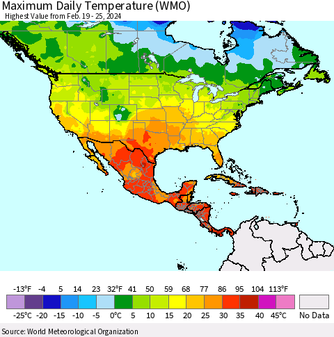 North America Maximum Daily Temperature (WMO) Thematic Map For 2/19/2024 - 2/25/2024