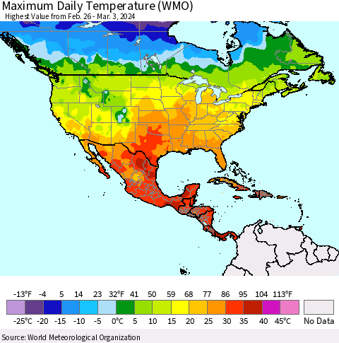 North America Maximum Daily Temperature (WMO) Thematic Map For 2/26/2024 - 3/3/2024