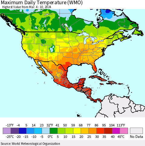 North America Maximum Daily Temperature (WMO) Thematic Map For 3/4/2024 - 3/10/2024