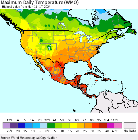 North America Maximum Daily Temperature (WMO) Thematic Map For 3/11/2024 - 3/17/2024