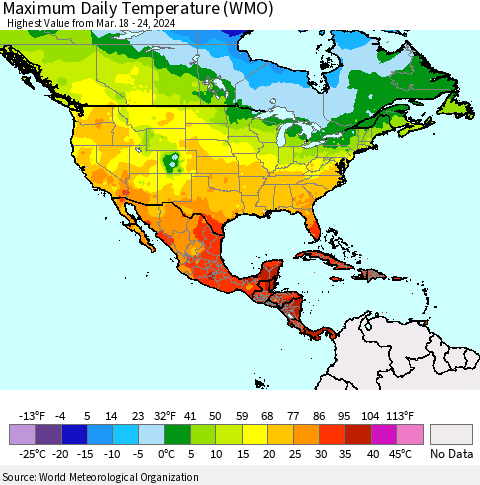 North America Maximum Daily Temperature (WMO) Thematic Map For 3/18/2024 - 3/24/2024