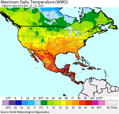 North America Maximum Daily Temperature (WMO) Thematic Map For 3/25/2024 - 3/31/2024