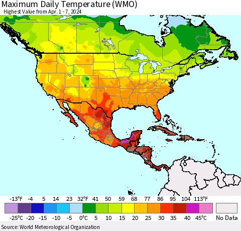 North America Maximum Daily Temperature (WMO) Thematic Map For 4/1/2024 - 4/7/2024