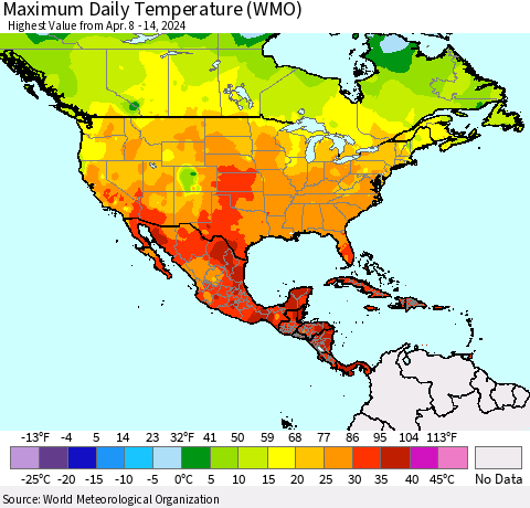 North America Maximum Daily Temperature (WMO) Thematic Map For 4/8/2024 - 4/14/2024
