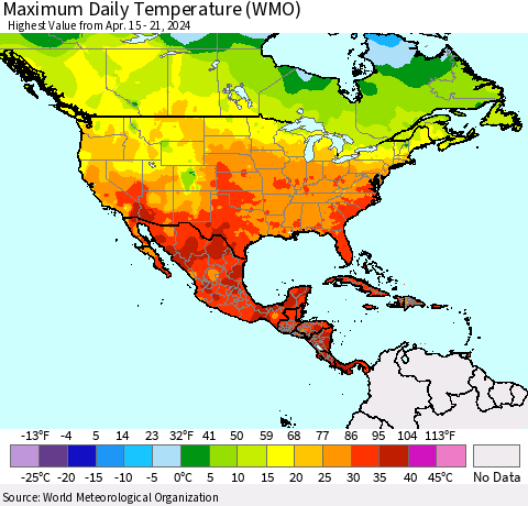 North America Maximum Daily Temperature (WMO) Thematic Map For 4/15/2024 - 4/21/2024