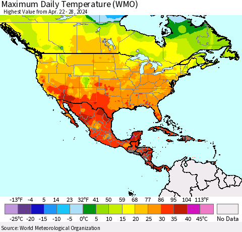 North America Maximum Daily Temperature (WMO) Thematic Map For 4/22/2024 - 4/28/2024