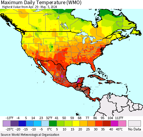 North America Maximum Daily Temperature (WMO) Thematic Map For 4/29/2024 - 5/5/2024