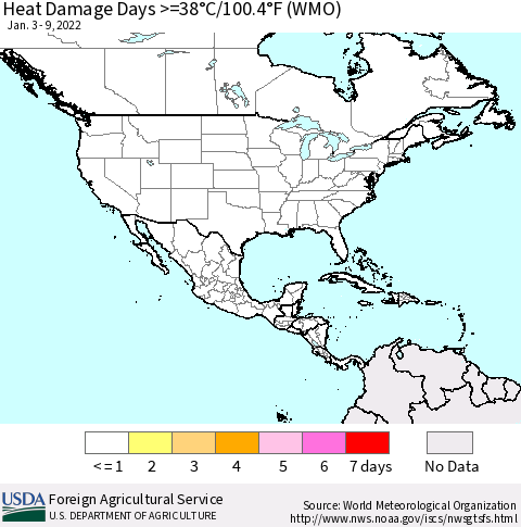 North America Heat Damage Days >=38°C/100°F (WMO) Thematic Map For 1/3/2022 - 1/9/2022