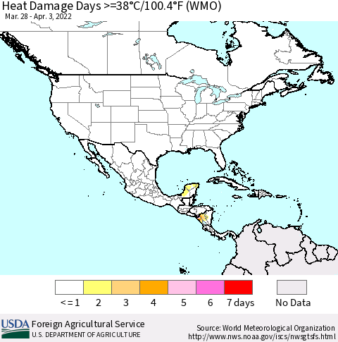 North America Heat Damage Days >=38°C/100°F (WMO) Thematic Map For 3/28/2022 - 4/3/2022