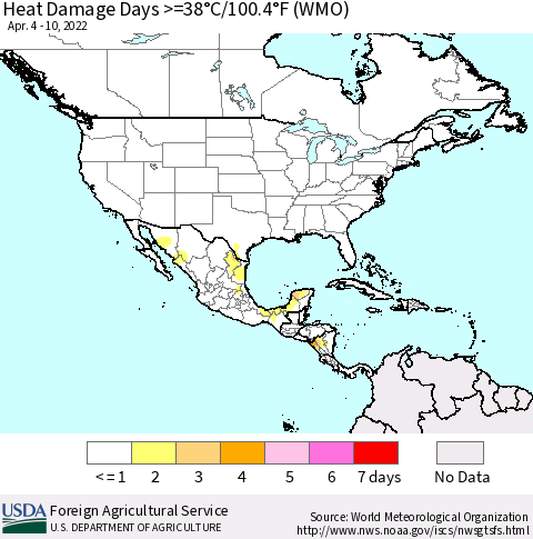 North America Heat Damage Days >=38°C/100°F (WMO) Thematic Map For 4/4/2022 - 4/10/2022