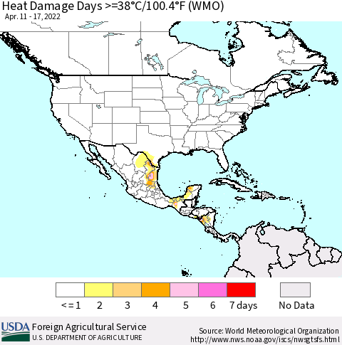 North America Heat Damage Days >=38°C/100°F (WMO) Thematic Map For 4/11/2022 - 4/17/2022