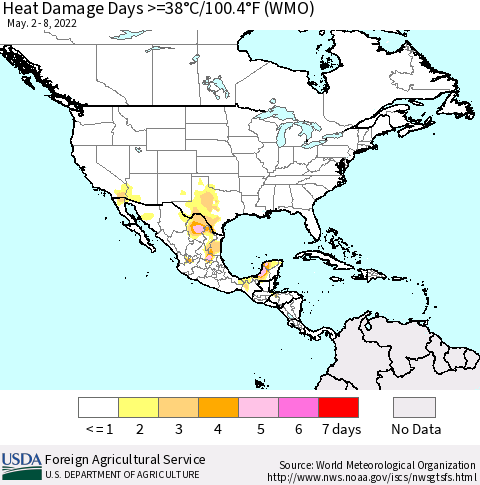 North America Heat Damage Days >=38°C/100°F (WMO) Thematic Map For 5/2/2022 - 5/8/2022