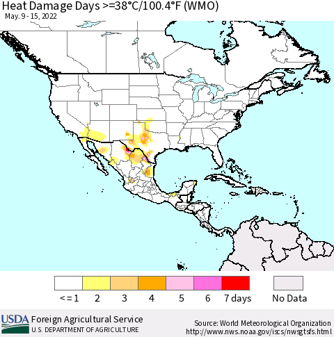 North America Heat Damage Days >=38°C/100°F (WMO) Thematic Map For 5/9/2022 - 5/15/2022