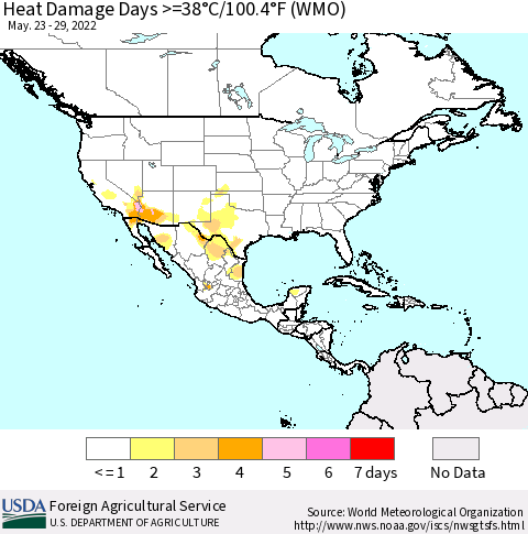 North America Heat Damage Days >=38°C/100°F (WMO) Thematic Map For 5/23/2022 - 5/29/2022