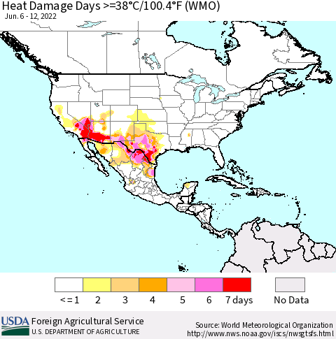 North America Heat Damage Days >=38°C/100°F (WMO) Thematic Map For 6/6/2022 - 6/12/2022