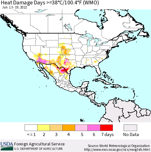 North America Heat Damage Days >=38°C/100°F (WMO) Thematic Map For 6/13/2022 - 6/19/2022