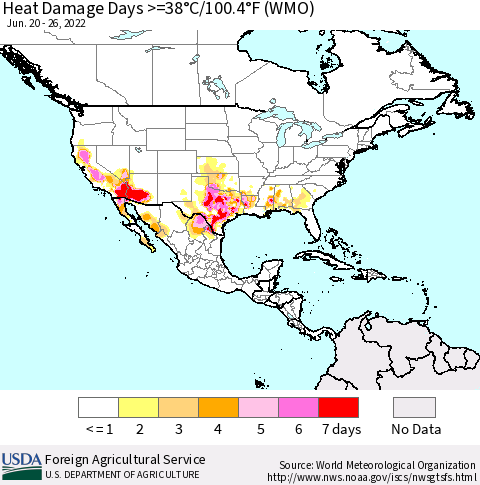 North America Heat Damage Days >=38°C/100°F (WMO) Thematic Map For 6/20/2022 - 6/26/2022