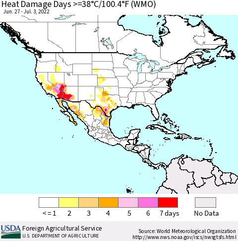 North America Heat Damage Days >=38°C/100°F (WMO) Thematic Map For 6/27/2022 - 7/3/2022