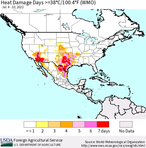 North America Heat Damage Days >=38°C/100°F (WMO) Thematic Map For 7/4/2022 - 7/10/2022