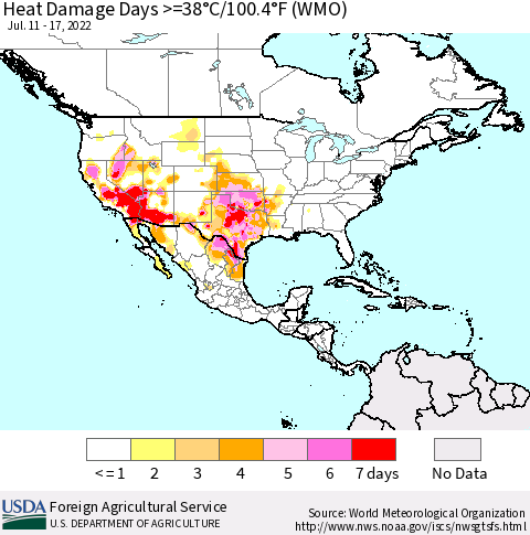 North America Heat Damage Days >=38°C/100°F (WMO) Thematic Map For 7/11/2022 - 7/17/2022