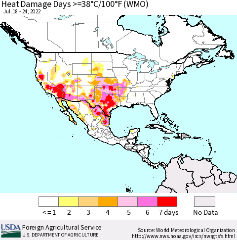 North America Heat Damage Days >=38°C/100°F (WMO) Thematic Map For 7/18/2022 - 7/24/2022
