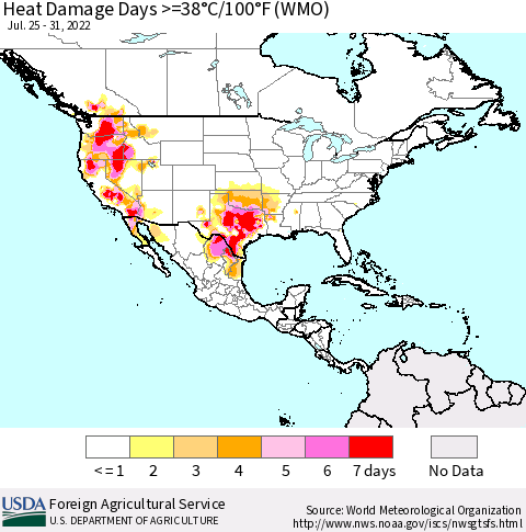 North America Heat Damage Days >=38°C/100°F (WMO) Thematic Map For 7/25/2022 - 7/31/2022