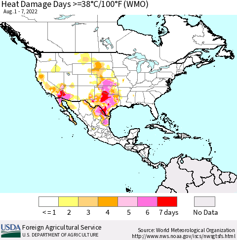 North America Heat Damage Days >=38°C/100°F (WMO) Thematic Map For 8/1/2022 - 8/7/2022