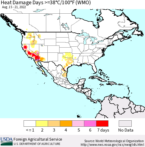 North America Heat Damage Days >=38°C/100°F (WMO) Thematic Map For 8/15/2022 - 8/21/2022