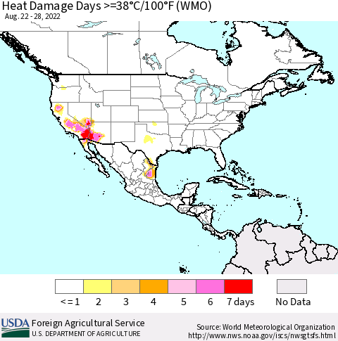 North America Heat Damage Days >=38°C/100°F (WMO) Thematic Map For 8/22/2022 - 8/28/2022