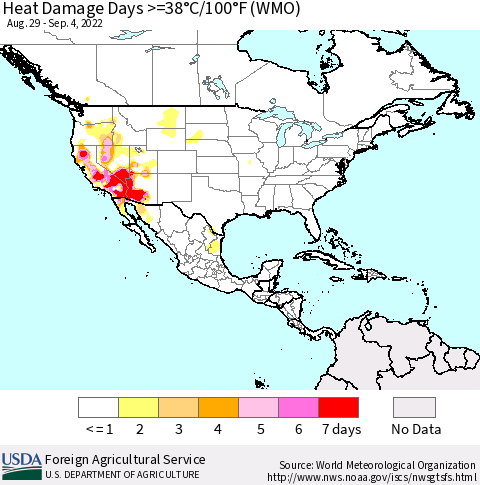 North America Heat Damage Days >=38°C/100°F (WMO) Thematic Map For 8/29/2022 - 9/4/2022